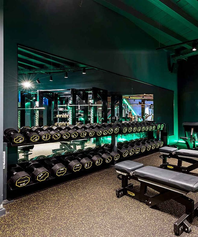 Gym mirror with green lighting