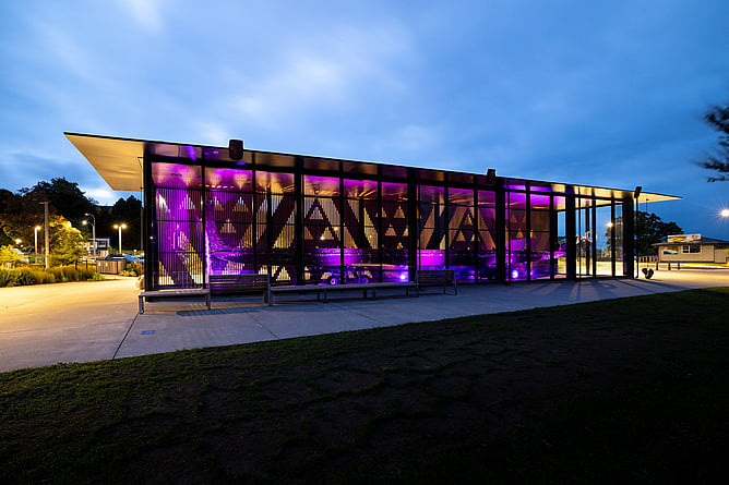 Te Arawa Whare Waka with lights on