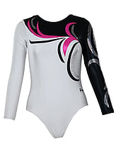 Long sleeve Gymnastics Leotard with the right sleeve White and left sleeve in Royal with Turquoise curls and leotard in Royal