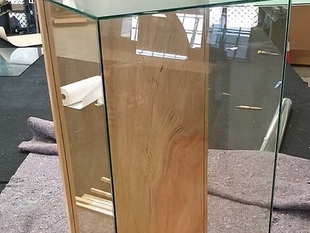 5mm clear glass trophy case with wooden base and back
