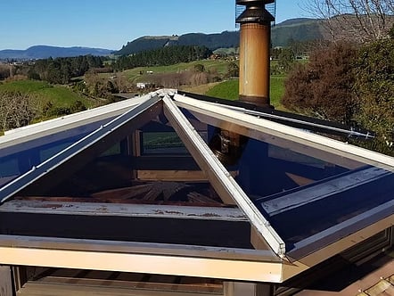 Glass skylite roof with grey tinted triangle rakers in this Skylite roof feature