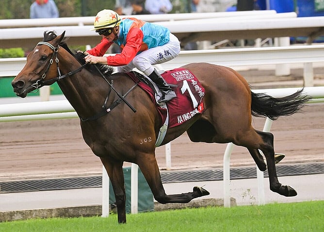 Ka Ying Rising winning the Gr.1 Chairman's Sprint Prize at Sha Tin on Sunday. - Photo: HKJC