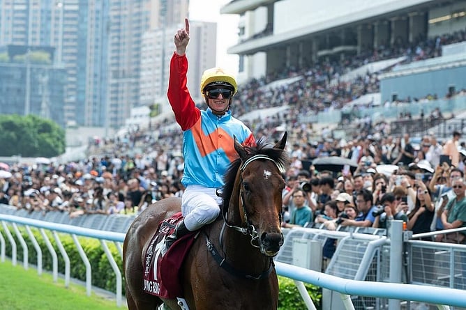 Zac Purton celebrates G1 Chairman’s Sprint Prize victory. - Photo: Hong Kong Jockey Club