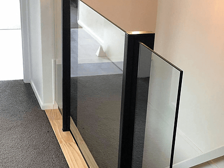 50mm stainless double disc standoffs. 12mm toughened glass and stainless top cap handrail