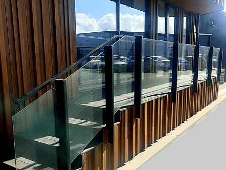 Commercial external staircase portion of post system balustrade with interlinking handrail - black finish