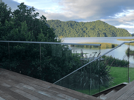 75mm single disc standoffs. 12mm toughened glass with top cap handrail