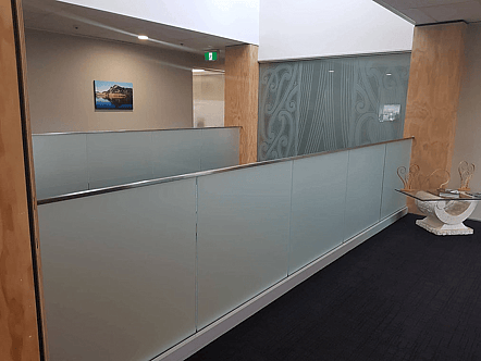 Internal anzio balustrade system with frosted glass and top cap handrail