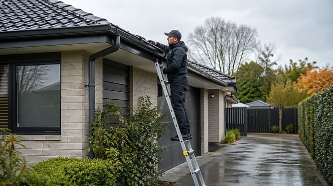 Man checking roofline and gutters, created by ai