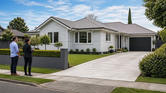 two people looknig at house for sale, created by ai