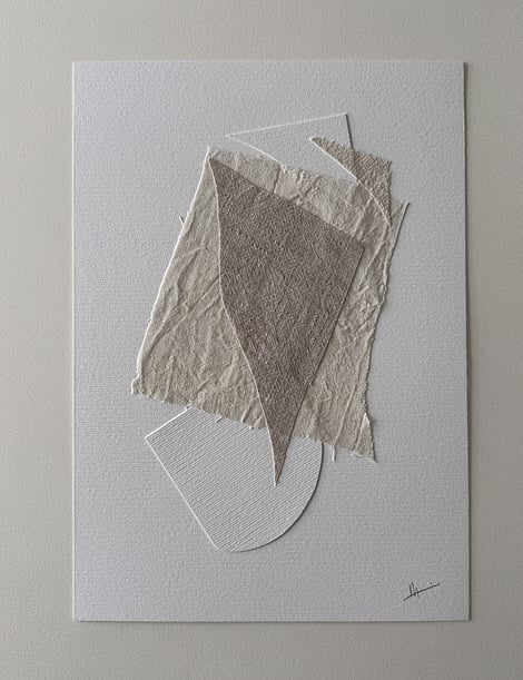 full image of layered collage with beige-toned linen fragments on ivory fabriano, with two hand-cut ivory fabriano paper shapes and handwritten signature in lower right corner