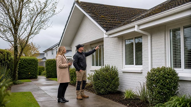 two people looknig at house exterior for maintenance