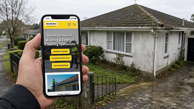 person holding phone showing DryGutts website in front of home that needs exterior cleaning, image created by ai