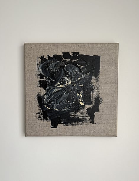 black and pale cream acrylic on linen, central impasto mass, sweeping curved strokes, exposed linen ground, layered rectangular field