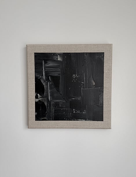 black and pale cream acrylic on linen, layered rectangular forms, vertical drag marks, impasto passages, exposed linen weave