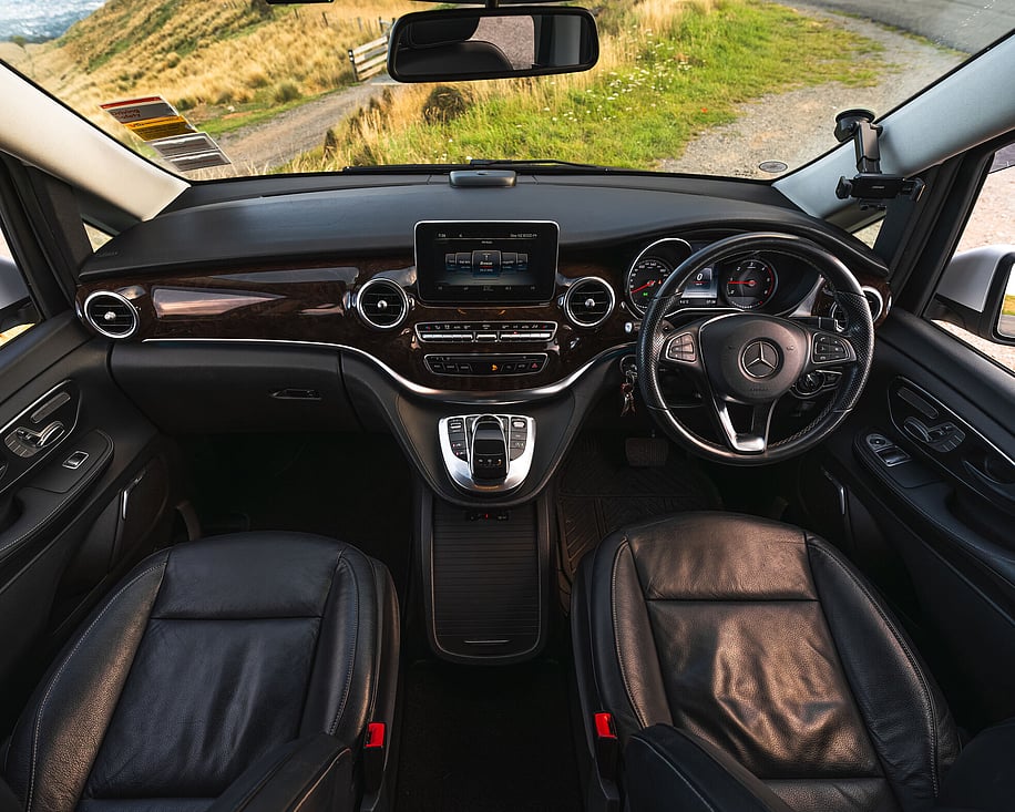 Mercedes V220d interior wide dashboard view with wood trim