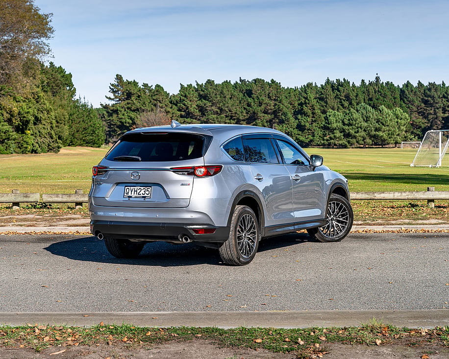 Mazda CX8 rear three quarter view outdoors