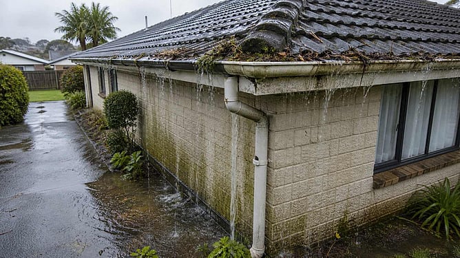rundown house with overflowing blocked gutters and drains image created by ai