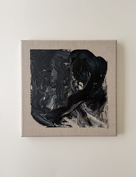 black and pale cream acrylic on linen, dense impasto mass, curved drag strokes, exposed linen ground, irregular rectangular field