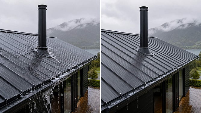 comaprison of water drainage around a chimney flue on a rainy day, created by ai