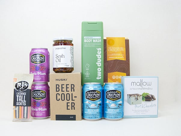Spoil Him gift box NZ — NZ-made gift box for him with craft beer, Huski tumbler, marshmallows and chocolate