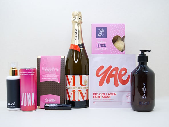 Pink Celebration gift box NZ — NZ-made gift box with sparkling wine, face mask, chocolate and wellness treats