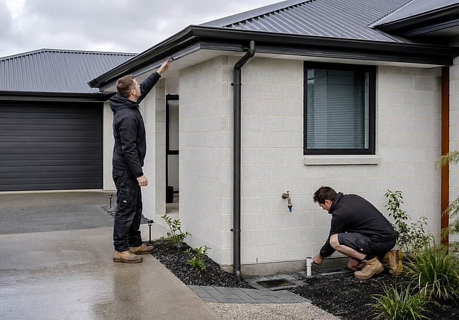 tradies checking outdoor plumbing
