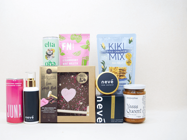 ain product image alt text: Just for You gift box NZ — NZ-made gift box with JUNA wellness drink, Remarkables chocolate bark, Elta Ego cocktail and artisan crackers