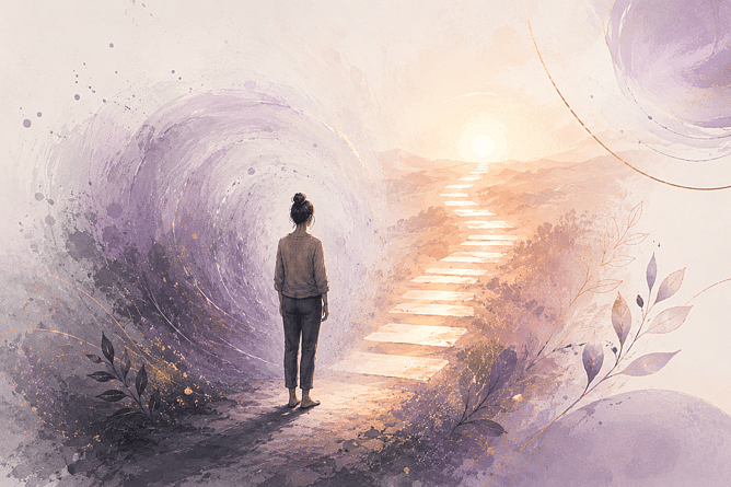 Illustration of a person with low energy standing before a bright upward path, symbolising the gap between vision and personal capacity.