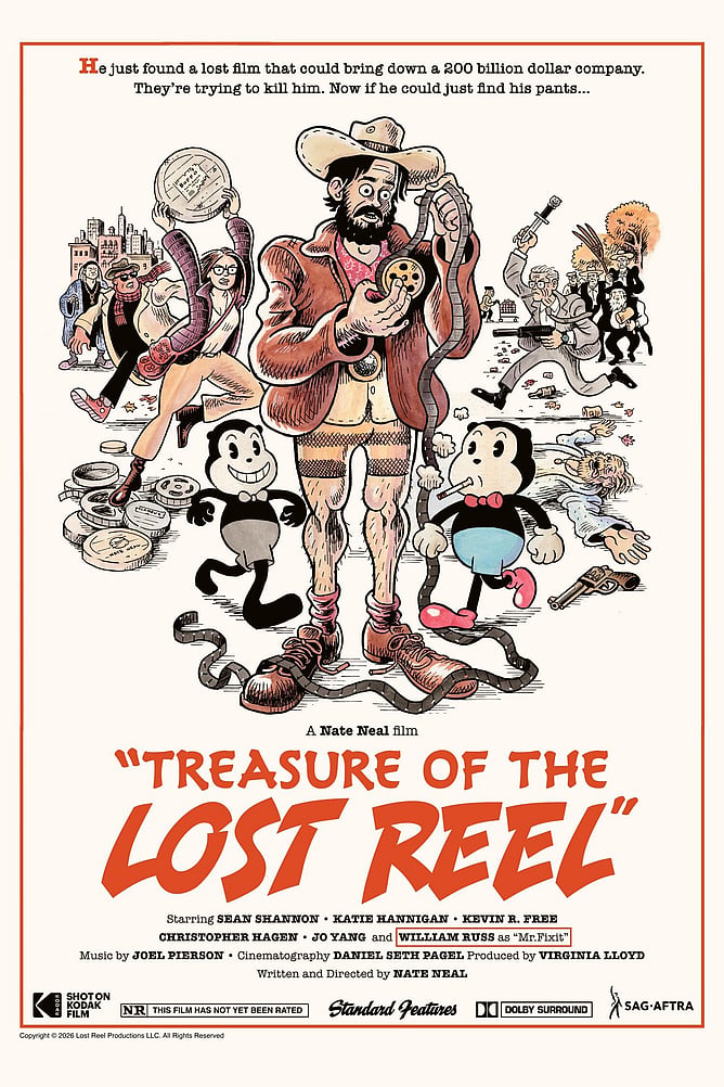 Poster for 'TREASURE OF THE LOST REEL', a Super 16mm slapstick adventure comedy written and directed by Nate Neal.