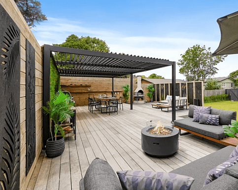 Outdoor Vitex Deck with Aluminium Pergoal and outdoor kitchen.