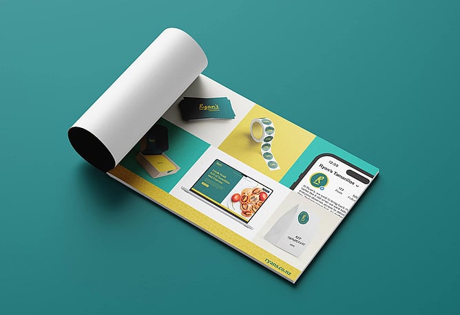 A brand guidelines page for Ryan's Tamarillos showing branded touchpoints including packaging, print, stickers, website and social media in teal, yellow and green.