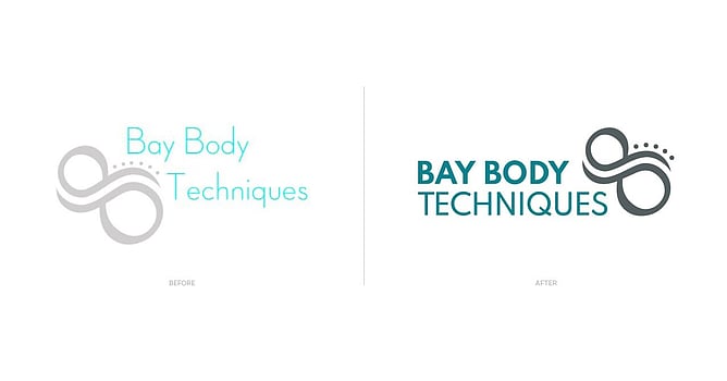 Before and after logo refresh for Bay Body Techniques. The original is light grey and aqua with a casual script font. The refreshed version is bolder, darker and more confident.