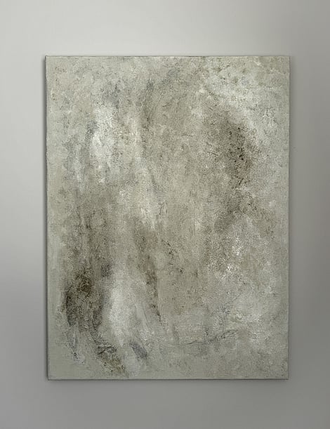 tonal abstract painting on linen with layered mineral-based textures and vertical and horizontal sweeping charcoal, green and pale cream and white passages