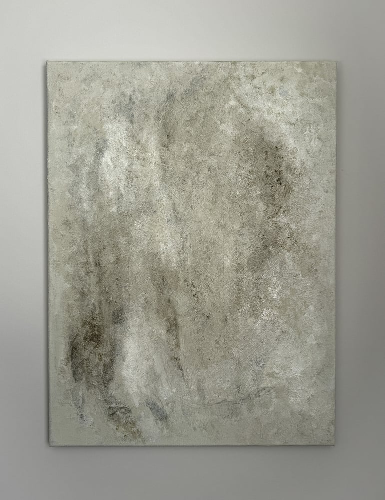full image of atmospheric landscape painting showing layered mineral-based texture, pockets of charcoal underlayer and mottled surface movement in muted green, pale cream and white