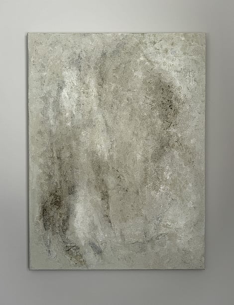 full image of weathered tonal abstract painting showing layered mineral-based texture, pockets of charcoal underlayer and mottled surface movement in muted green, pale cream and white