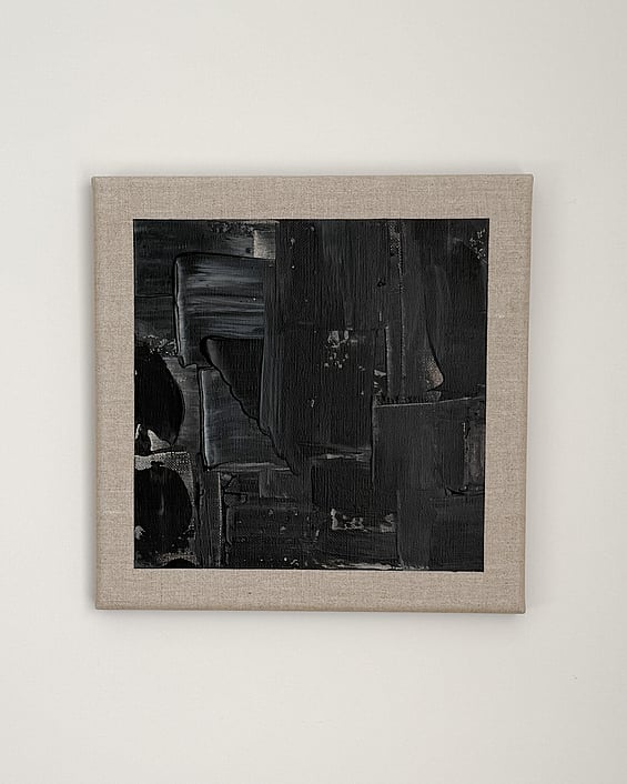black and pale cream acrylic on linen, layered rectangular forms, vertical drag marks, impasto passages, exposed linen weave