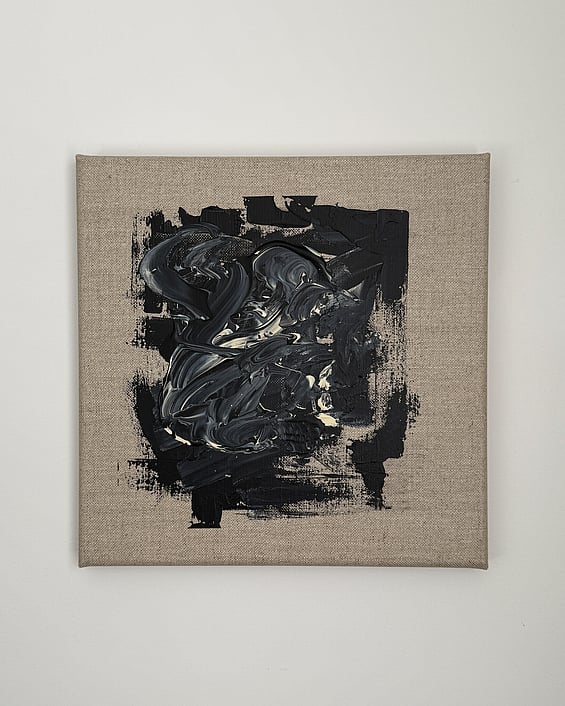 black and pale cream acrylic on linen, central impasto mass, sweeping curved strokes, exposed linen ground, layered rectangular field