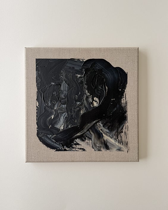 black and pale cream acrylic on linen, dense impasto mass, curved drag strokes, exposed linen ground, irregular rectangular field