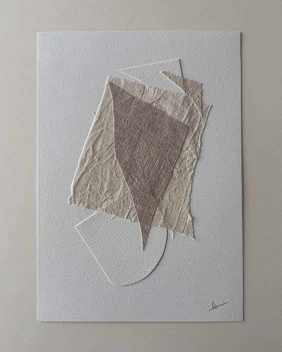 full image of layered collage with beige-toned linen fragments on ivory fabriano, with two hand-cut ivory fabriano paper shapes and handwritten signature in lower right corner
