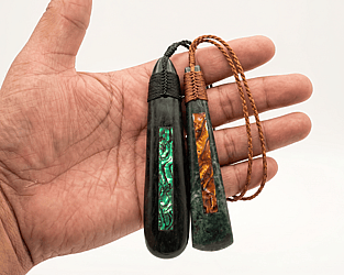 New Zealand Aotearoa Pounamu greenstone with Paua shell inlay into the Pounamu this is a necklace handcrafted by Dot Arts Pounamu and Paua shell also known as abalone source from the South Island of New Zealand