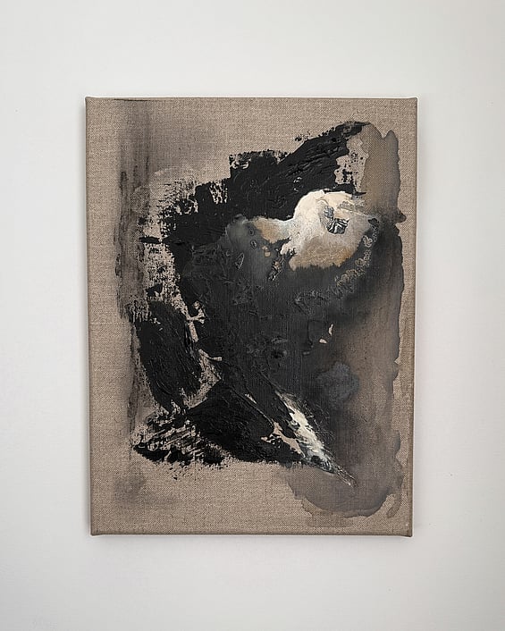 abstract painting with black, pale cream diagonal impasto passages, charcoal smudging, iron oxide wash on exposed linen