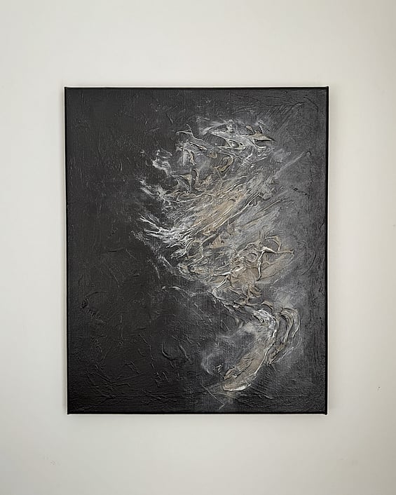 tonal abstract painting on linen with black, brown and cream tones, layered impasto with pale highlights and lifted textures forming vertical movement