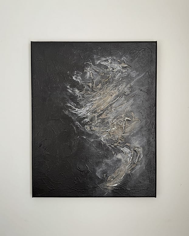 full image of tonal abstract painting on linen with black, brown and cream tones, layered impasto with pale highlights and lifted textures forming vertical movement