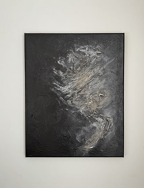 black and brown textured acrylic and ink on linen, central impasto with mineral compound in brown and cream, layered sweeping forms
