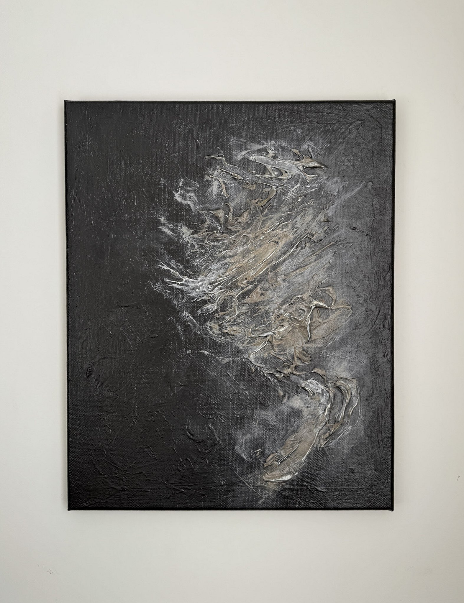 full image of tonal abstract painting on linen with black, brown and cream tones, layered impasto with pale highlights and lifted textures forming vertical movement