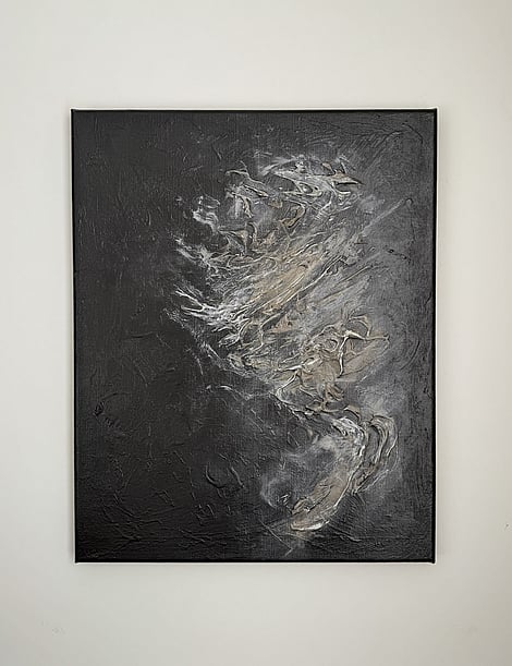 full image of tonal abstract painting on linen with black, brown and cream tones, layered impasto with pale highlights and lifted textures forming vertical movement