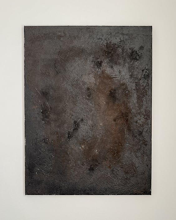 full image of moody atmospheric painting with layered black and deep warm brown textures, charcoal undertones and mineral surface on linen
