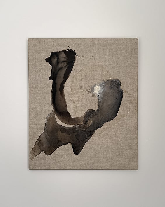 full image of acrylic ink on linen, layered deep warm brown forms with cream bloom and salt-induced erosion, pale brown washes and exposed linen ground