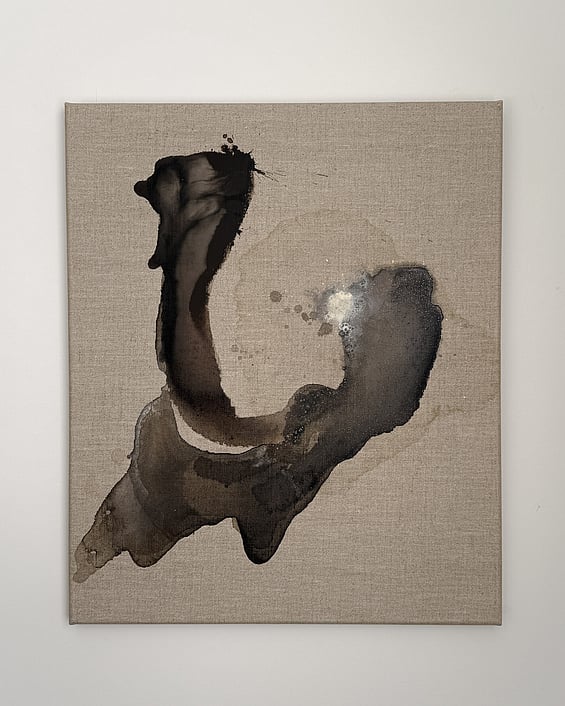 full image of acrylic ink on linen, layered deep warm brown forms with cream bloom and salt-induced erosion, pale brown washes and exposed linen ground