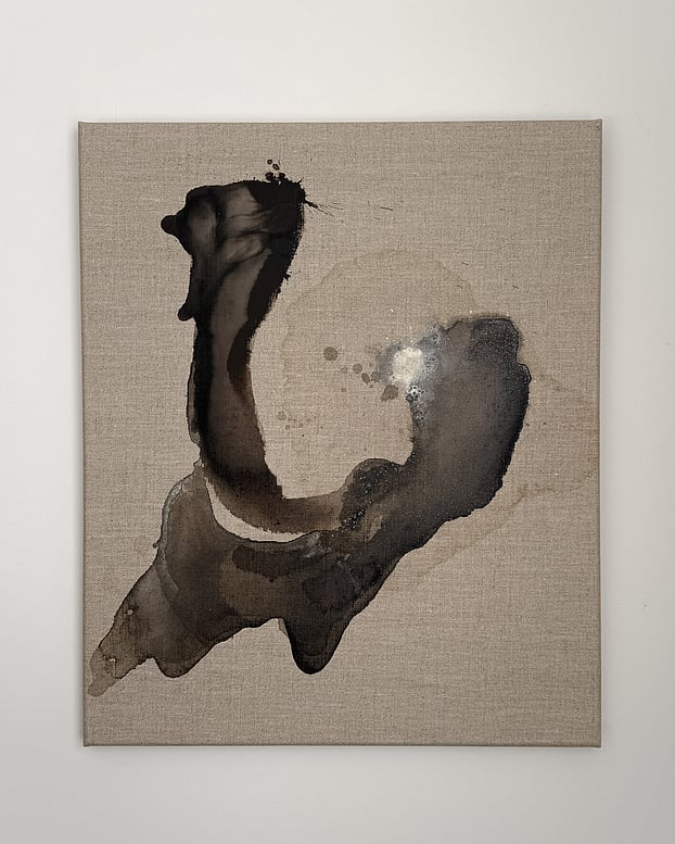 full image of acrylic ink abstract painting on linen, deep warm layered brown ink pooled forms with cream acrylic bloom and salt-induced erosion, lighter brown washes, residual stain and exposed linen ground